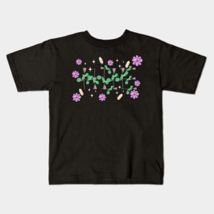 Hoe blue roses on stems with gems and purple flowers black bg 2 Kids T-Shirt